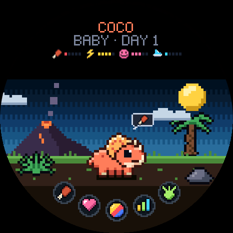 Stepasaurus running on a round Garmin screen: Coco, a baby Triceratops, eats a berry.